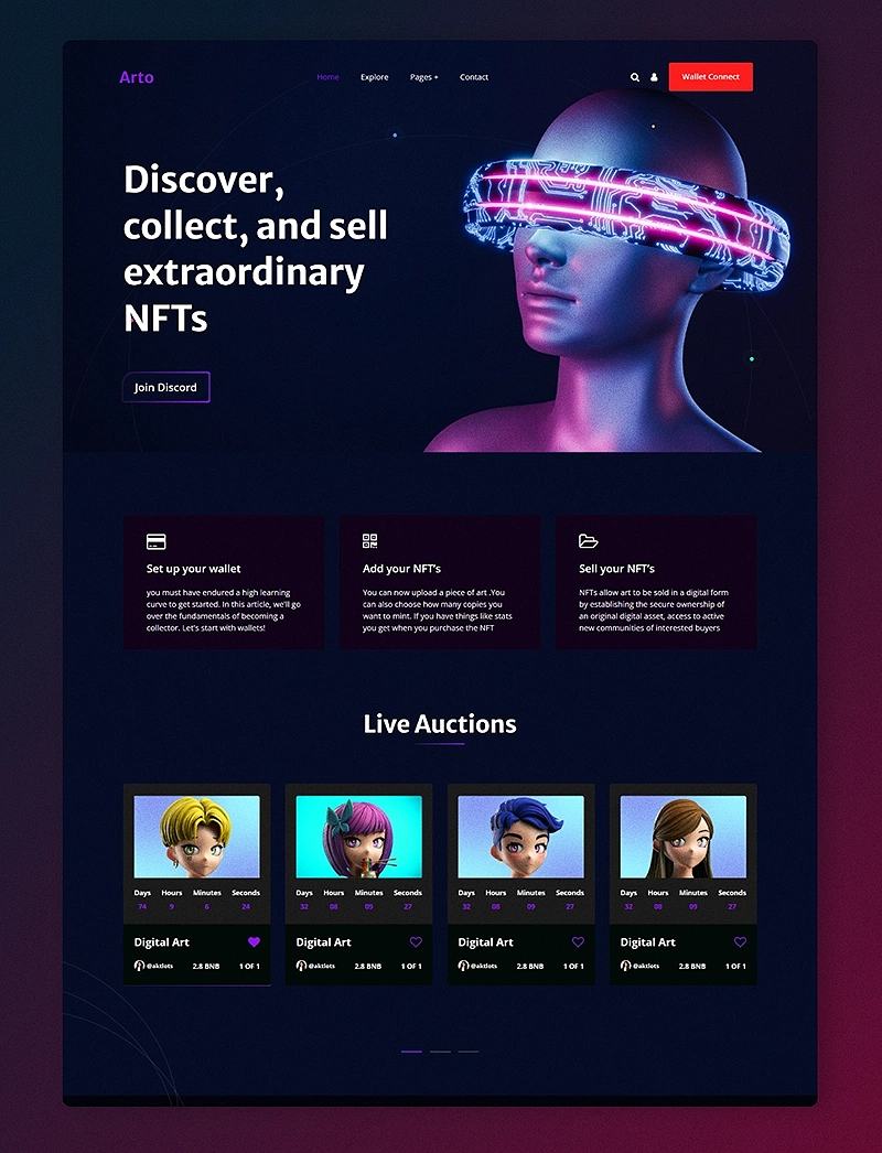 Arto - Tailwind css NFT html Landing page template | Premium Website Templates & Themes | Travolgi Themes