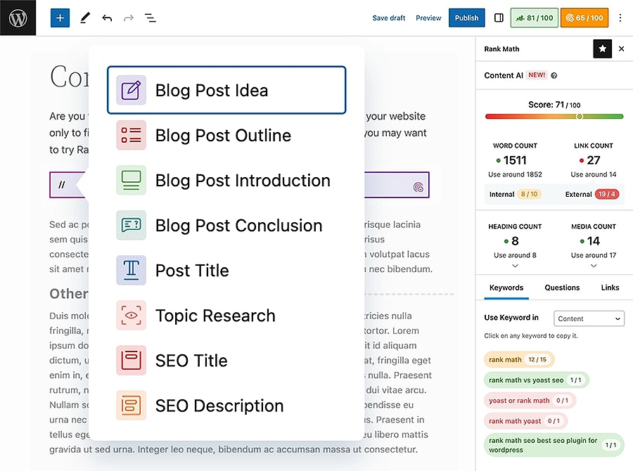 AI-powered content optimization suggestions with Rank Math SEO plugin | Premium Website Templates & Themes | Travolgi Themes